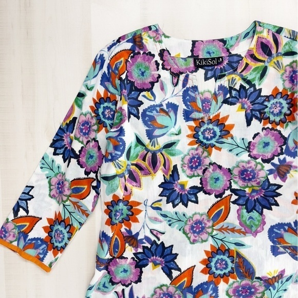 KIKI SOL womens printed beautiful vacation summer tunic blouse top S - Picture 3 of 6